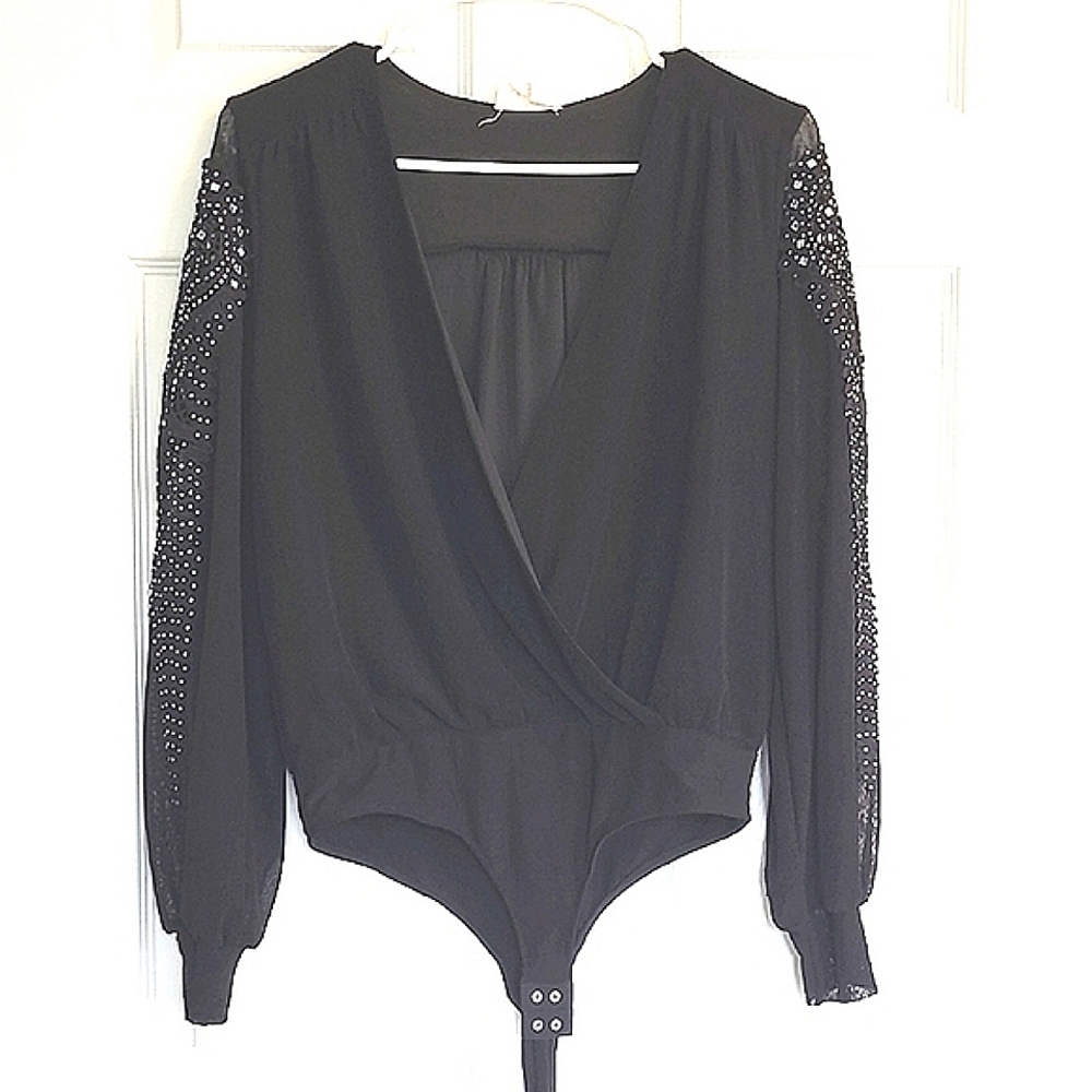 Ember Mesh Rhinestone Sleeve Faux Wrap Stretchy Black Bodysuit Size Small